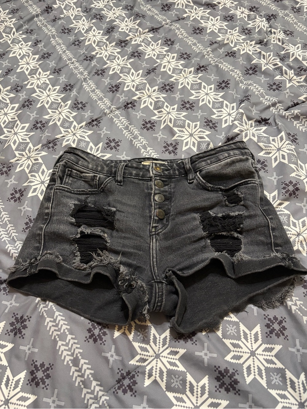 KanCan Black Distressed High-Rise Button-Fly Jean Shorts